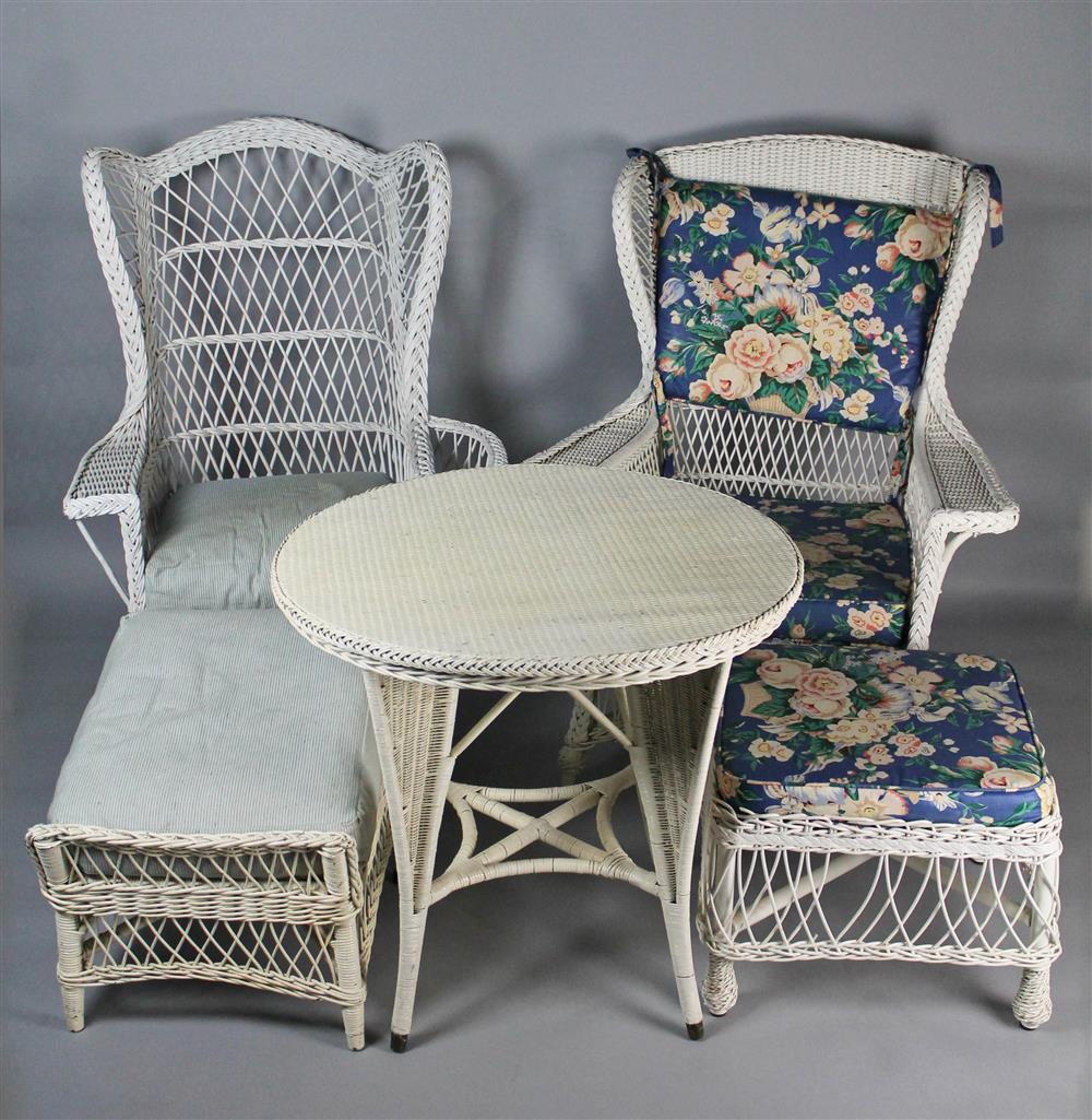 Appraisal: PAIR OF WHITE WICKER CHAIRS WITH OTTOMANS AND A WHITE