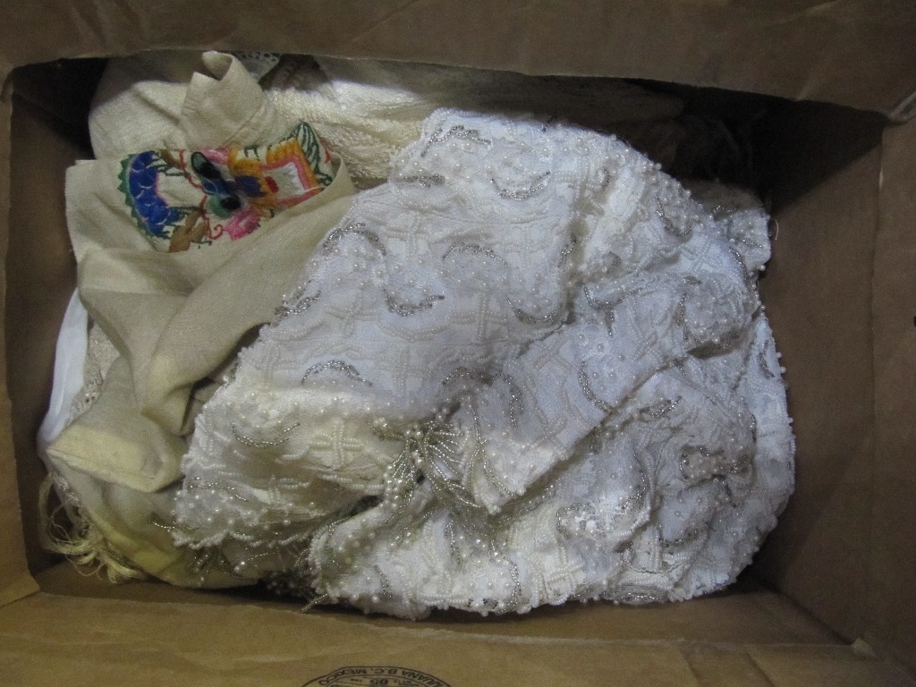 Appraisal: Box of clothing fabric and a beaded shawl