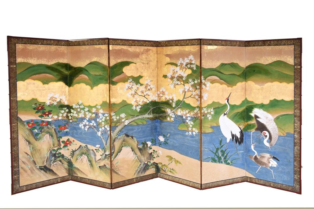 Appraisal: JAPANESE PAINTED AND GILT EIGHT-FOLD SCREENMeiji Period Possibly signed bearing