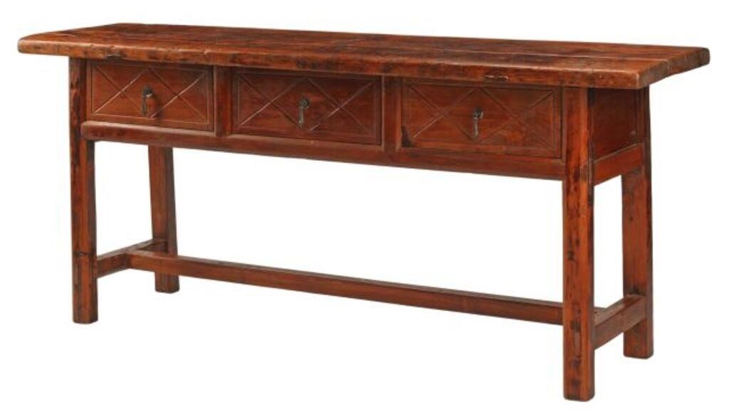 Appraisal: PROVINCIAL STYLE THREE-DRAWER CONSOLE TABLEProvincial style three-drawer console table approx