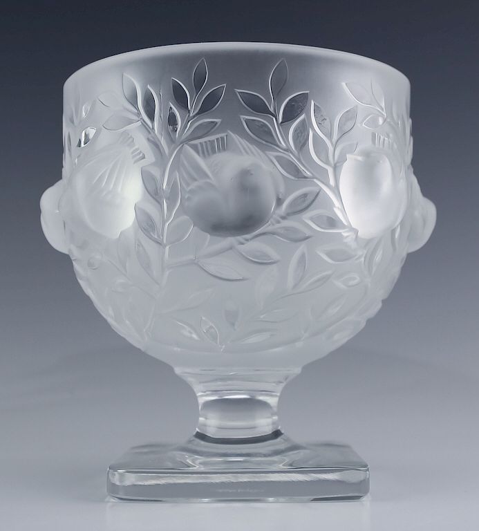 Appraisal: Lalique French Art Glass Elizabeth Sparrow Vase Beautiful Lalique footed