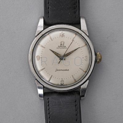 Appraisal: OMEGA STEEL SEAMSTER AUTOMATIC WRISTWATCH Sateen face with silver markers