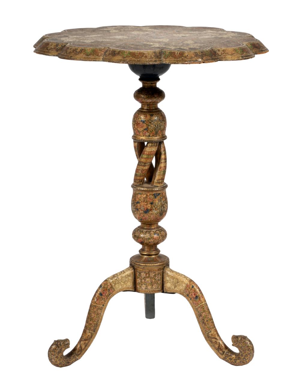 Appraisal: KASHMIRI PAINTED WOOD TRIPOD TABLEelaborate polychrome and gilt with flowers