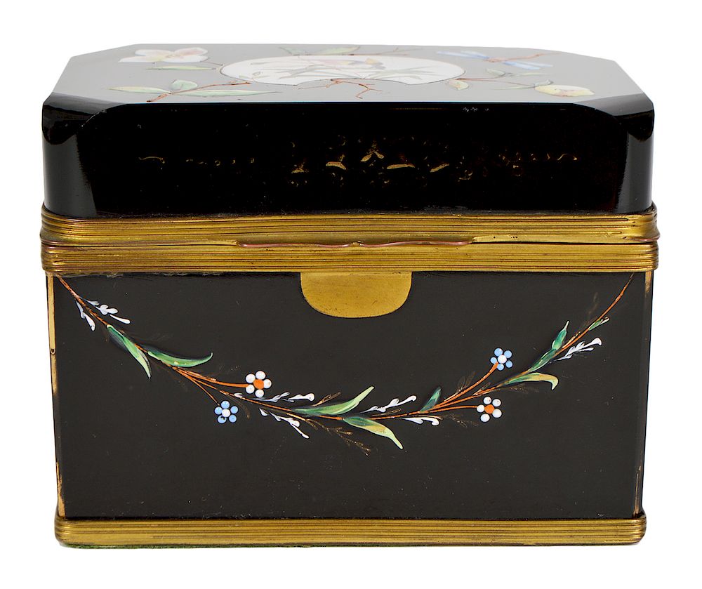 Appraisal: Victorian Enameled Crystal Box Bronze mounted Victorian black crystal enameled