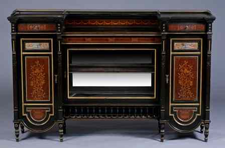 Appraisal: AESTHETIC MOVEMENT EBONIZED INLAID AND PAINT-DECORATED DOUBLE-PEDESTAL CABINET Attributed to