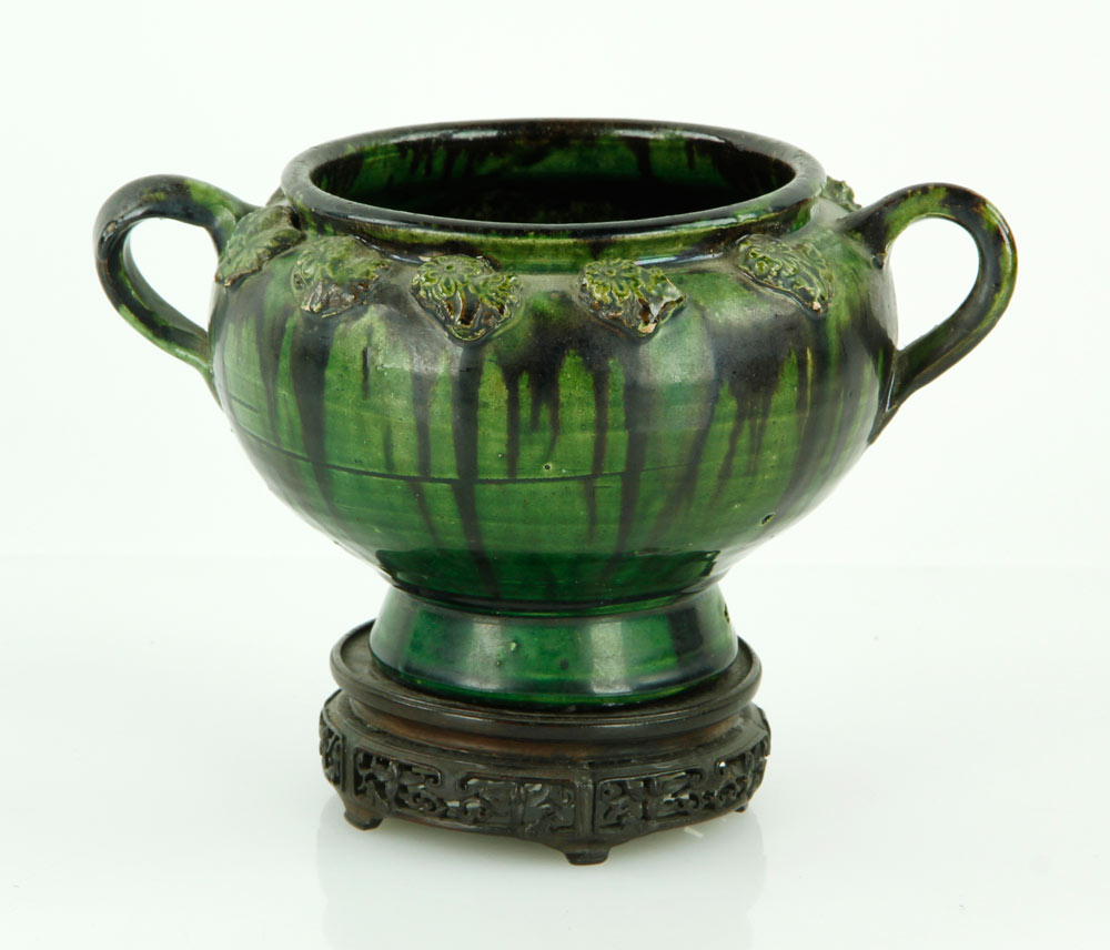 Appraisal: - Asian Pottery Vessel on Wood Stand Pottery vessel green