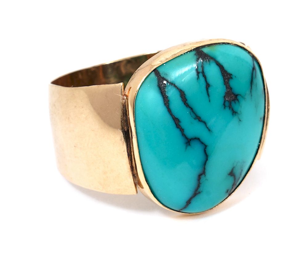 Appraisal: Turquoise Kt YG Gentleman's Ring Gentleman's free form bezel set