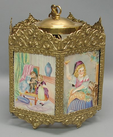 Appraisal: Scenes with women and children including painted scenes brass mount