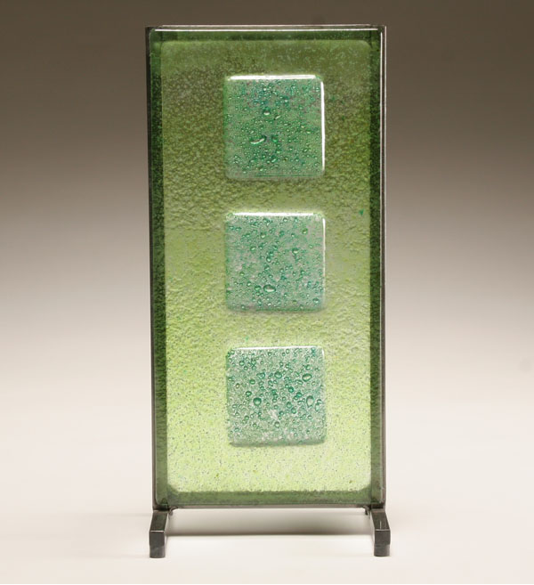 Appraisal: Contemporary green glass plaque on metal base Signed Lozykowski H