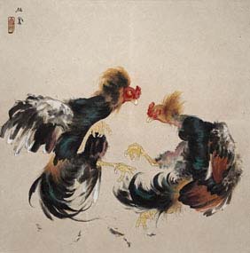 Appraisal: PAINTING OF A COCK FIGHT Very finely detailed in ink