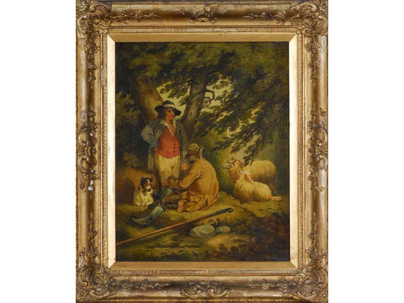 Appraisal: Painting of Sheep Herders with Sheep and Dog by Ge