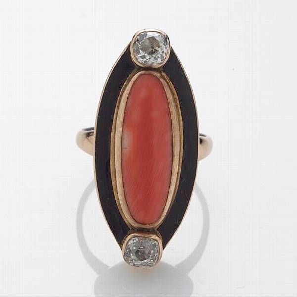 Appraisal: A diamond coral enamel and k gold ring loss to