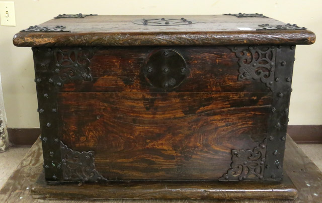 Appraisal: HARDWOOD AND FORGED IRON LIFT-TOP STORAGE CHEST Continental th century