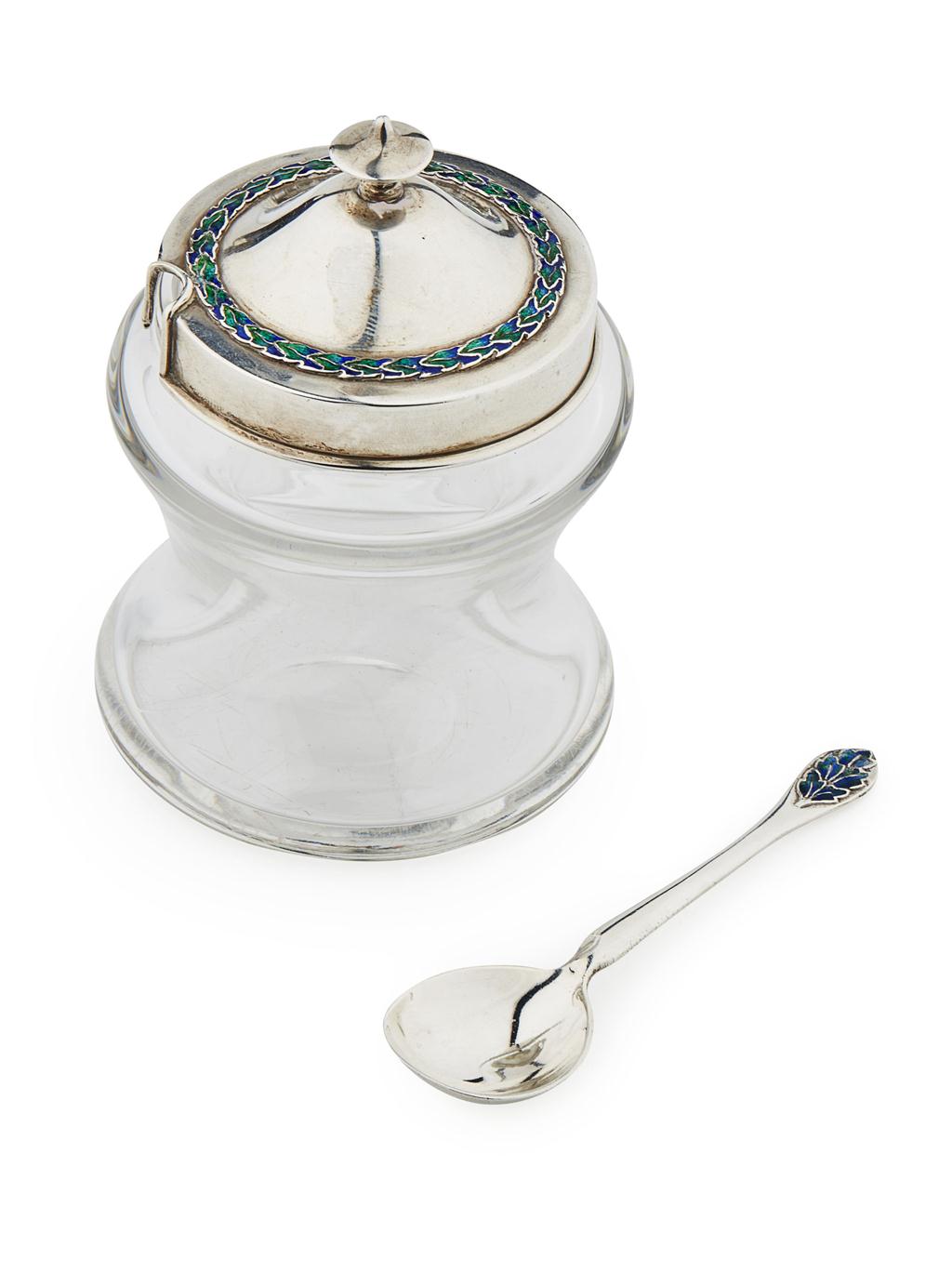 Appraisal: LIBERTY CO LONDON 'CYMRIC' SILVER AND ENAMEL MOUNTED PRESERVE POT