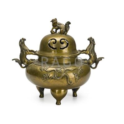 Appraisal: CHINESE BRONZE INCENSE BURNER Animal head handles foo dog finial