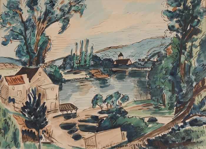 Appraisal: ANDRE DUNOYER DE SEGONZAC - RIVER VIEW WITH HOUSES Watercolor