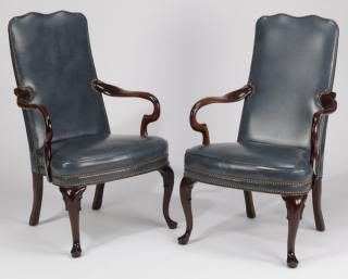 Appraisal: Hancock Moore leather armchairs h Pair of Hancock Moore blue