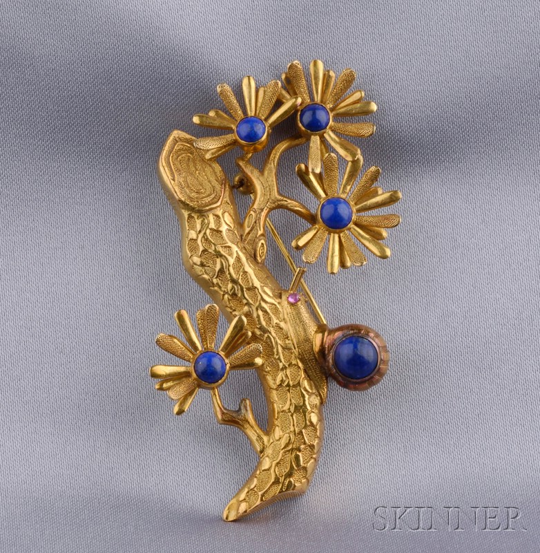 Appraisal: kt Gold and Lapis Brooch designed as a branch sprouting