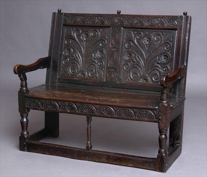 Appraisal: JACOBEAN CARVED OAK BENCH The lunette relief-carved top rail above