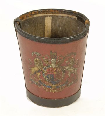 Appraisal: A leather fire bucket decorated with the Royal Coat of