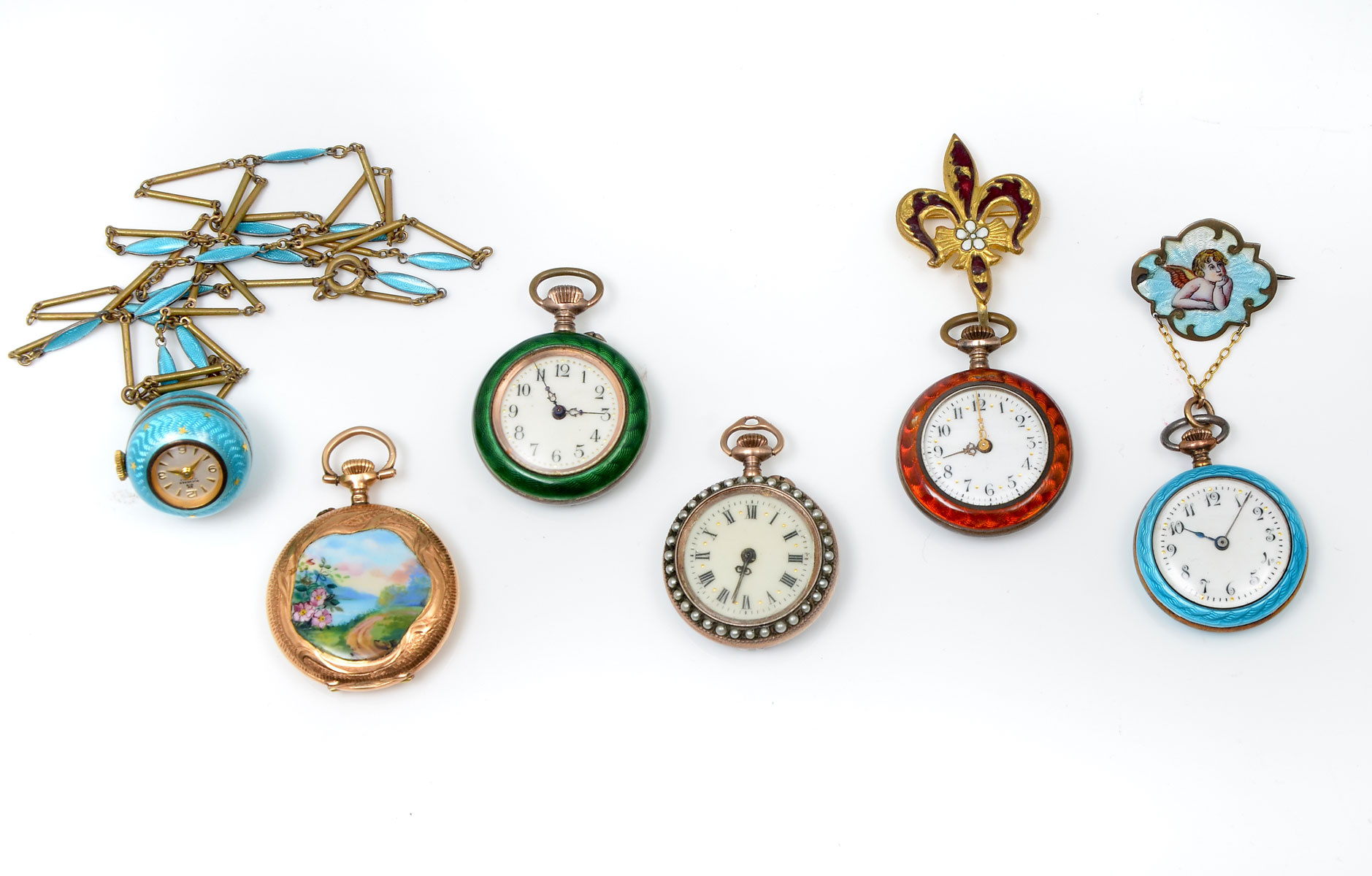 Appraisal: COLLECTION OF LADIES LAPEL WATCHES Blue Guilloche Enamel Pocket watch