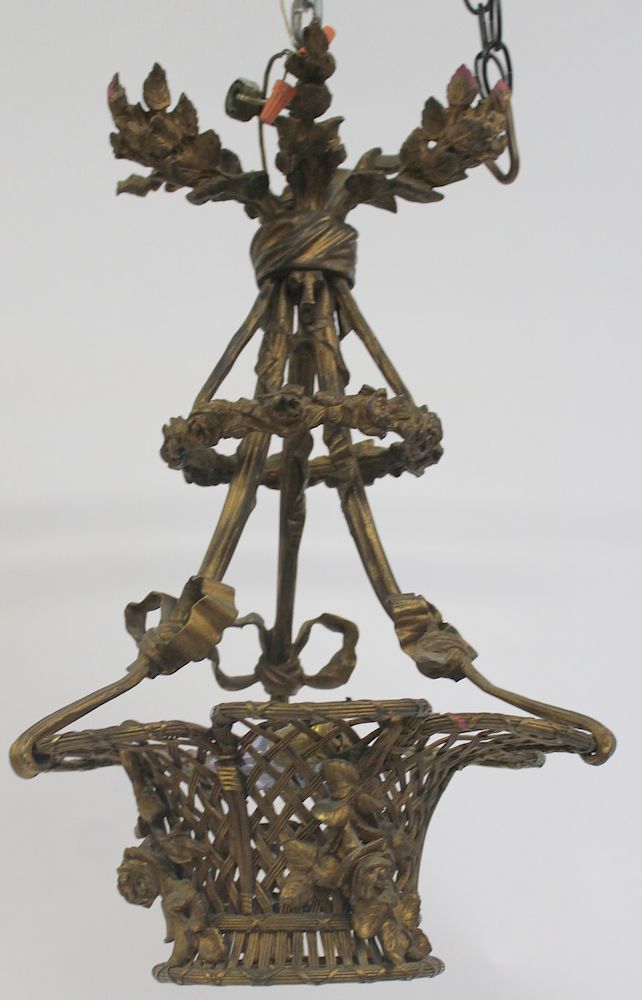 Appraisal: Antique Bronze Basket Form Chandelier Nice hall size and good