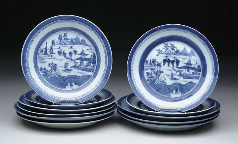 Appraisal: ELEVEN BLUE AND WHITE CANTON PLATES Lot consists of seven