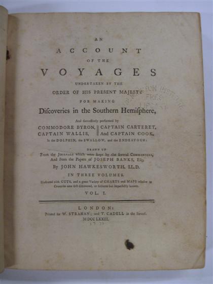 Appraisal: vols Cook Capt James - First Voyage Hawkesworth John An