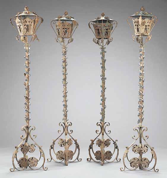 Appraisal: A Set of Four Wrought Iron Lanterns rubbed blue paint