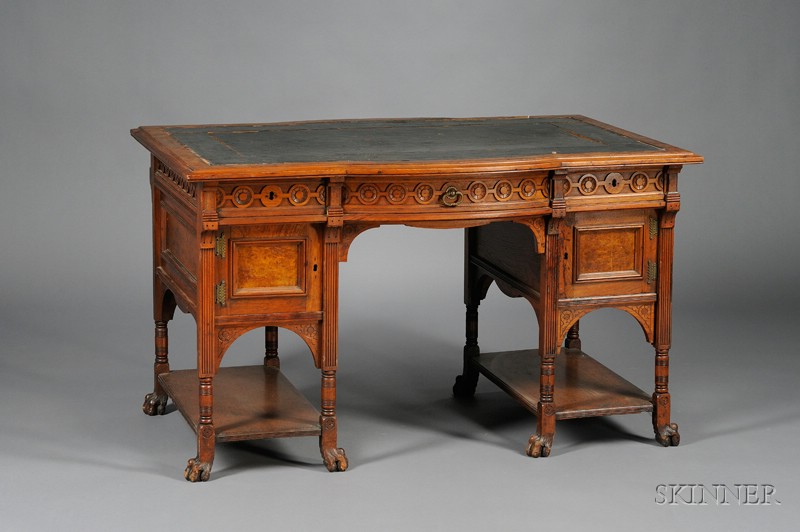 Appraisal: Victorian Renaissance Revival Carved Walnut and Burl Veneer Flat-top Swell-front