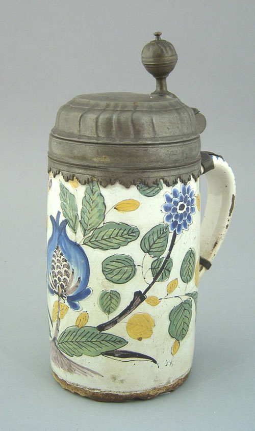 Appraisal: Delft tankard mid th c with pewter lid and polychrome