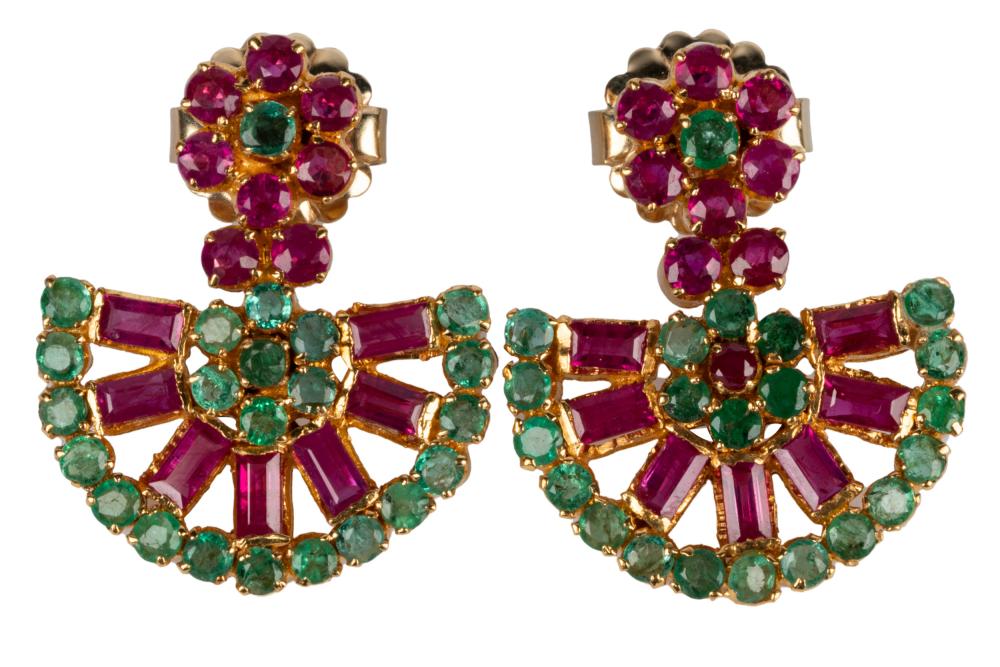 Appraisal: PAIR OF KARAT YELLOW GOLD RUBY EMERALD EARRINGScontaining rectangular step