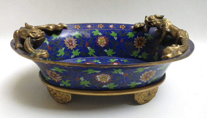 Appraisal: CHINESE CLOISONNE DRAGON JARDINIERE of oval form with gilt metal