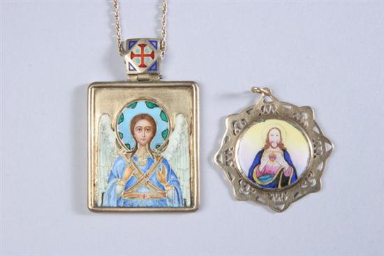 Appraisal: TWO RUSSIAN SILVER-GILT AND ENAMELLED PENDANT ICONS One square depicting