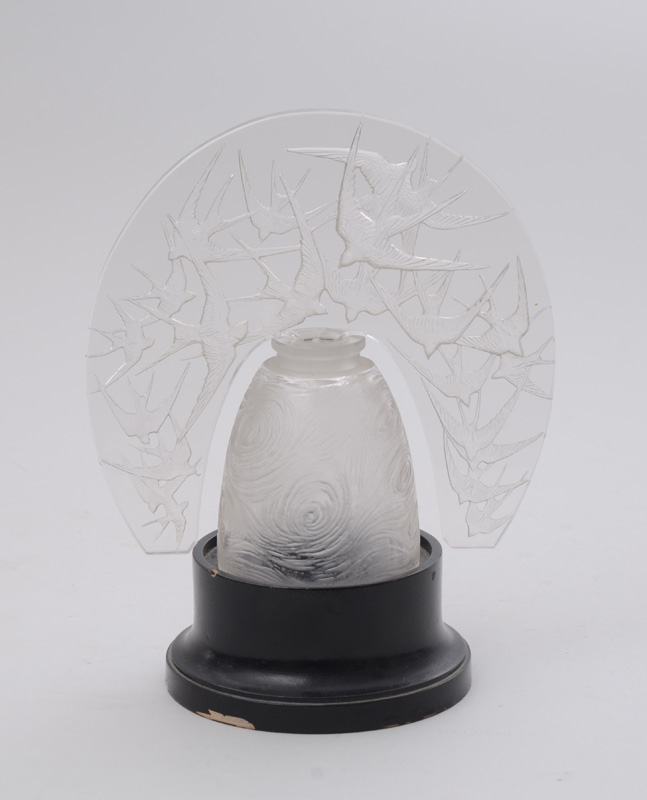 Appraisal: LALIQUE INTAGLIO RELIEF SCENT BOTTLE COVER HIRONDELLES VEILLEUSE FITTED TO