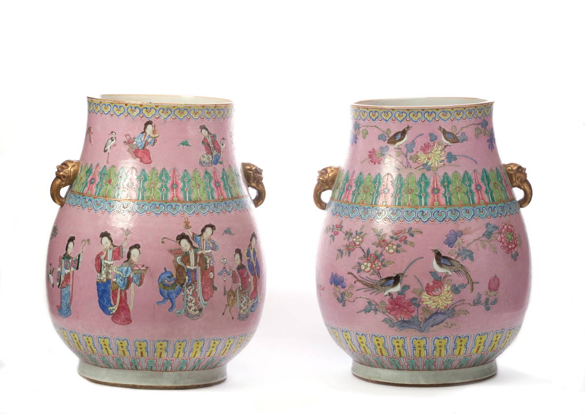 Appraisal: PAIR OF CHINESE FAMILLE ROSE GOURD-FORM VASES Each with applied