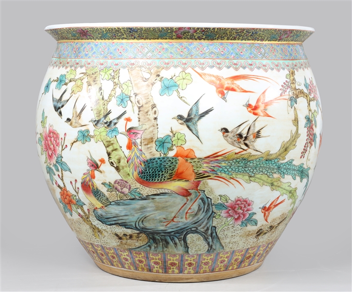 Appraisal: Chinese famille rose fishbowl planter with peacock and sparrows in