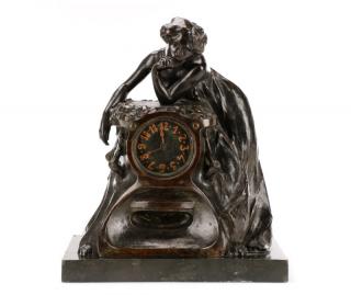 Appraisal: Art Nouveau Bronze and Onyx Mantle Clock Signed Continental School