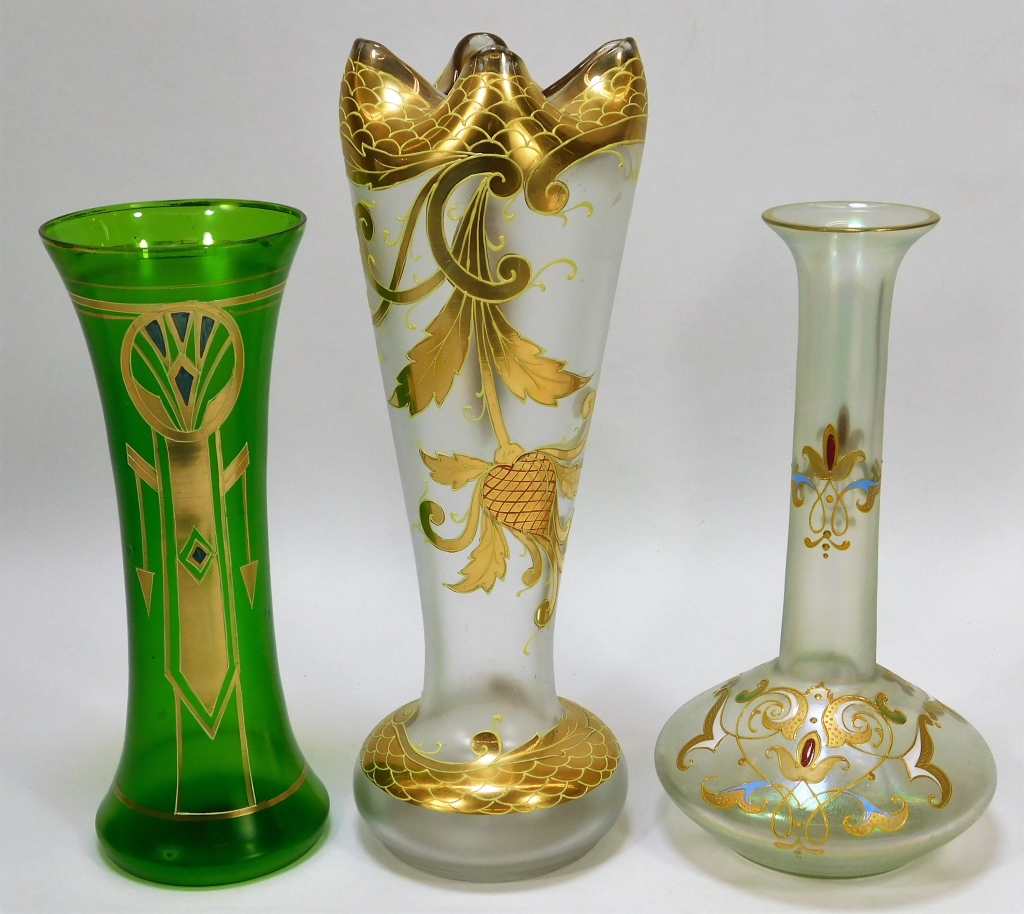 Appraisal: NOVY BOR GOLD ENAMELED BOHEMIAN ART GLASS VASES Bohemia th