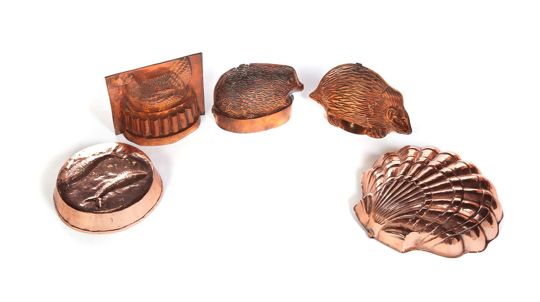 Appraisal: FIVE COPPER FOOD MOLDS WITH TINNED LINERS European th century