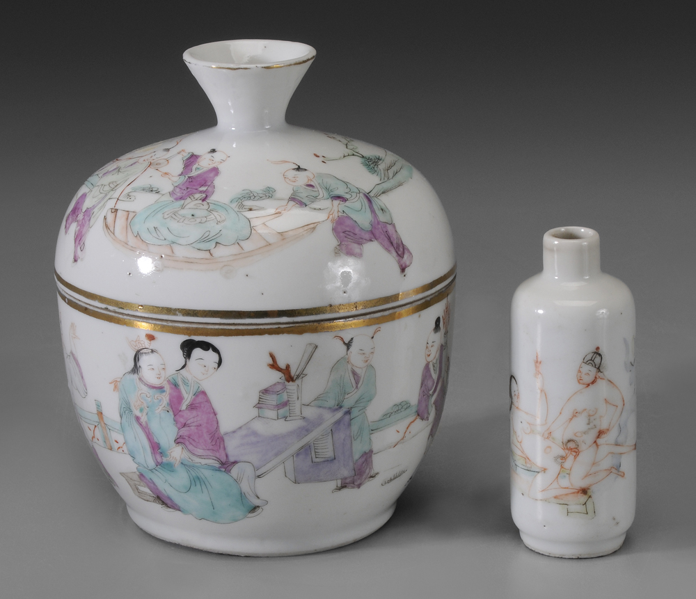 Appraisal: Two Pieces Chinese Porcelain Erotic Scenes both famille rose bud