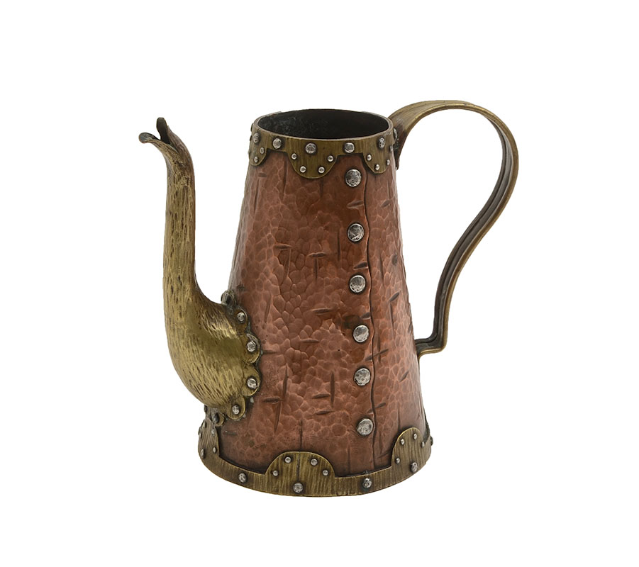 Appraisal: JOSEPH HEINRICHS MIXED METAL CHOCOLATE POT Copper brass and silver