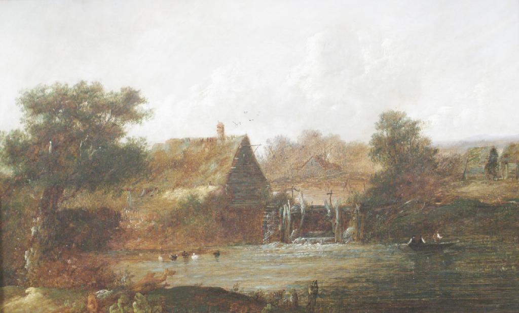 Appraisal: CHARLES MORRIS A Landscape with water wheel figures ducks oil