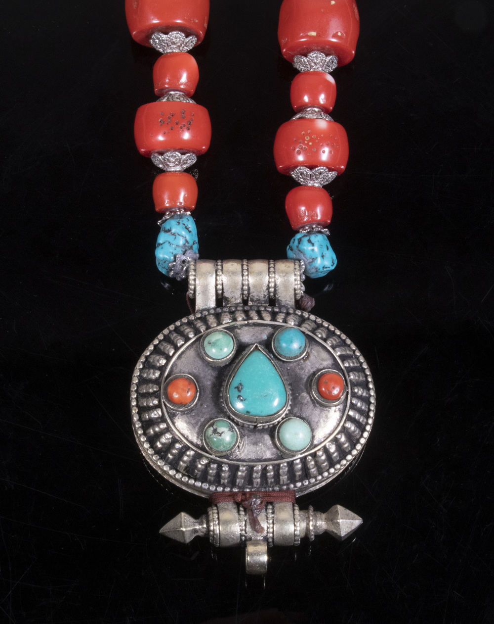 Appraisal: TIBETAN BEAD GAU PENDANT NECKLACE Necklace of Red Coral and