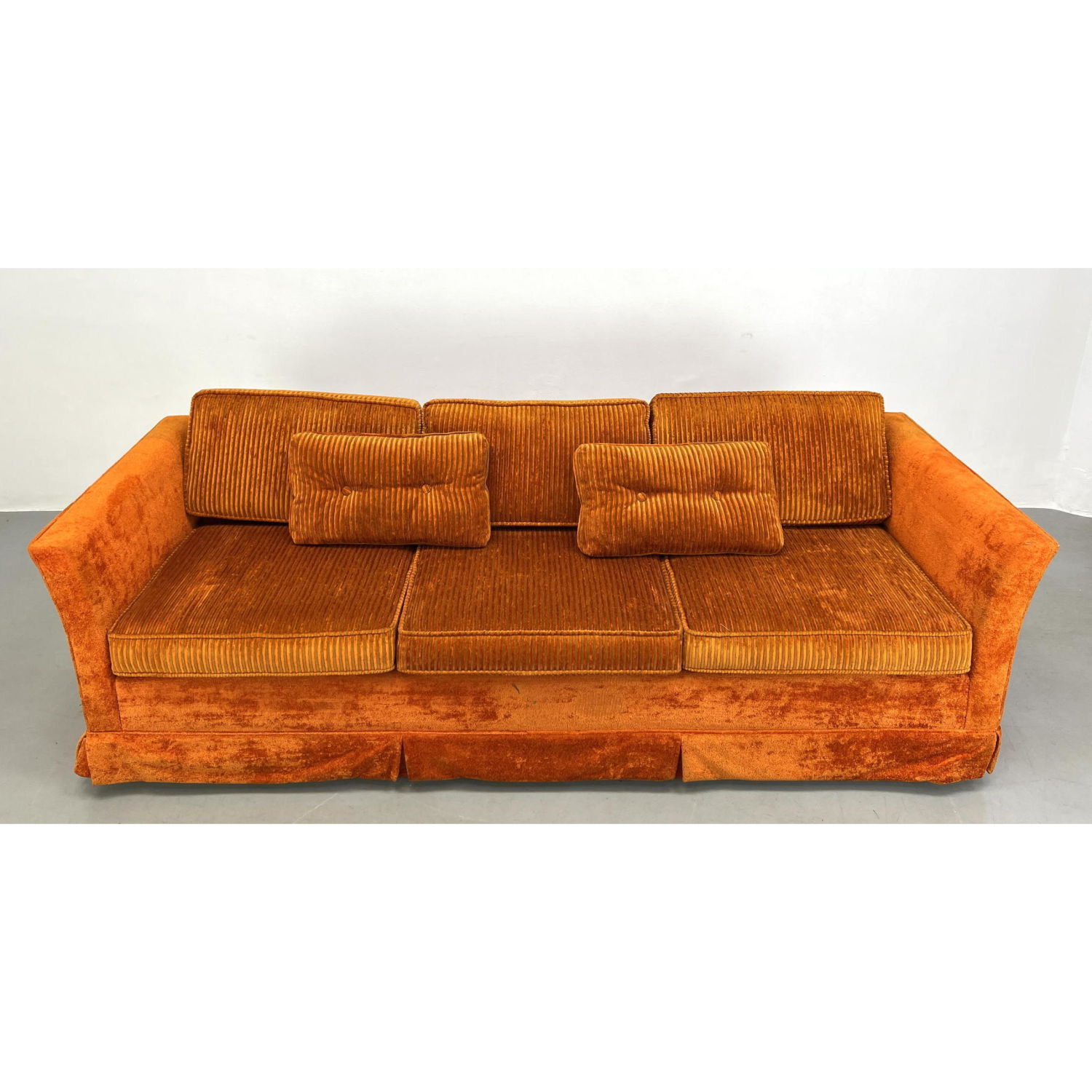 Appraisal: Orange Plush Sofa Couch Dimensions H inches W inches D