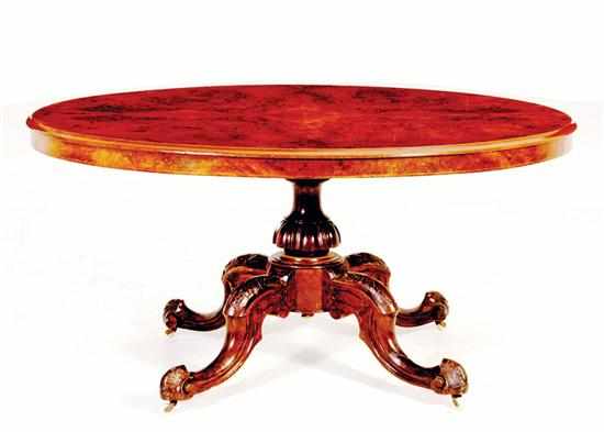 Appraisal: English carved walnut breakfast table oval burl walnut top with