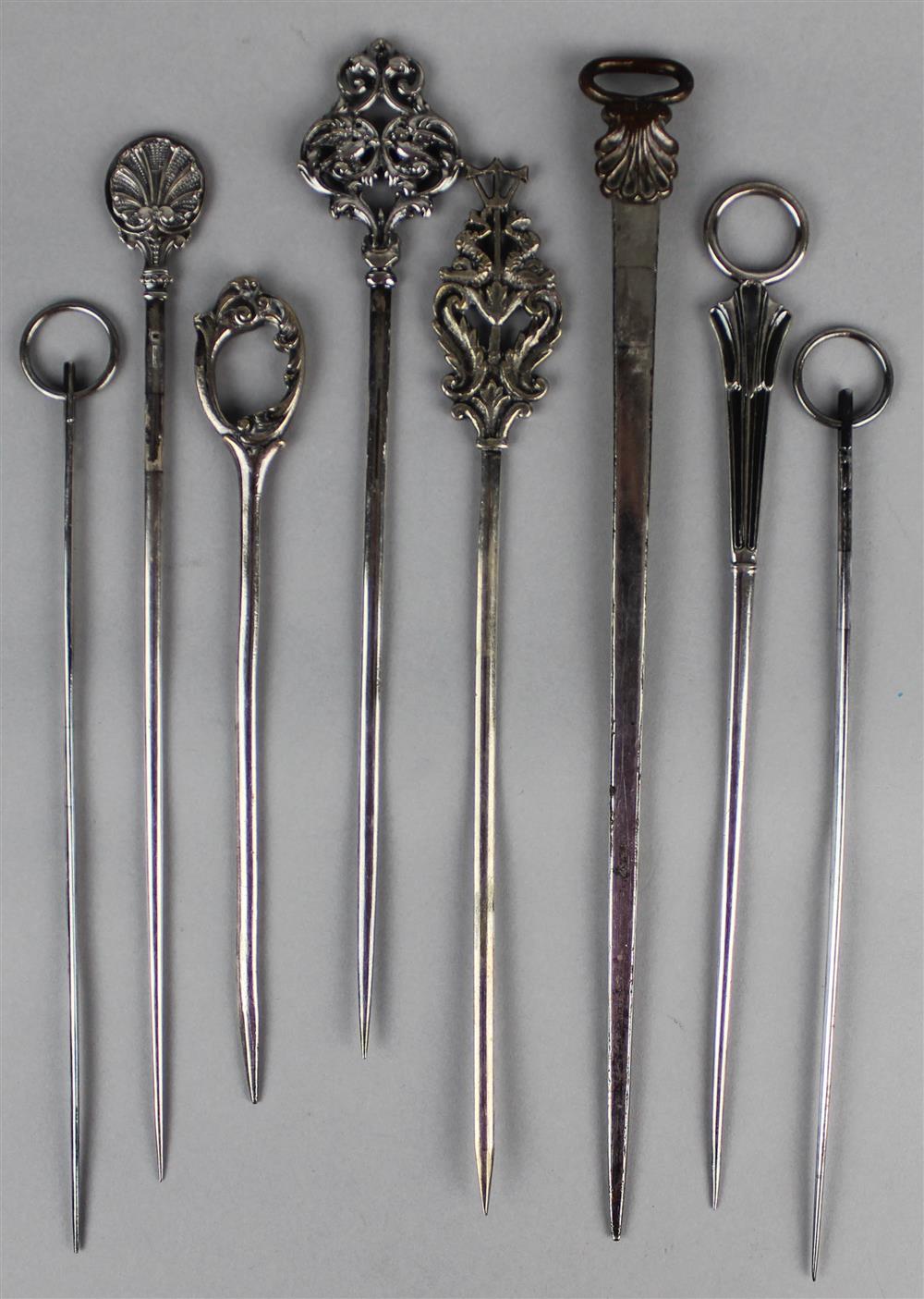 Appraisal: COLLECTION OF SILVER AND PLATED MEAT SKEWERS the first French