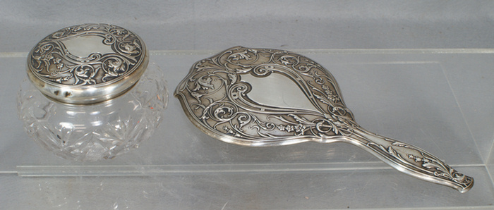 Appraisal: Sterling silver and cut glass dresser jar with matching mirror