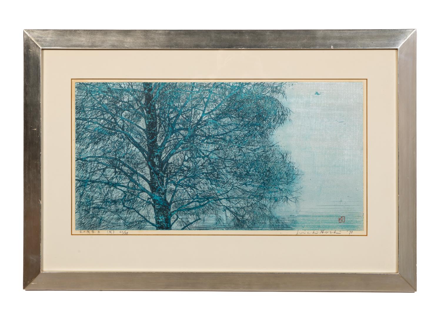 Appraisal: JOICHI HOSHI BLUE TREE SCENERY WOODBLOCK Joichi Hoshi Japanese -