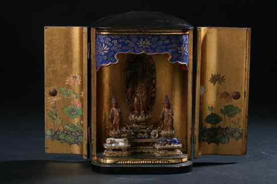 Appraisal: JAPANESE BLACK AND GILD WOOD SHRINE AND BUDDHA - in